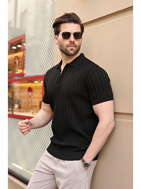 Madmext Siyah Polo Yaka Slim Fit Triko Erkek Tişört E7465