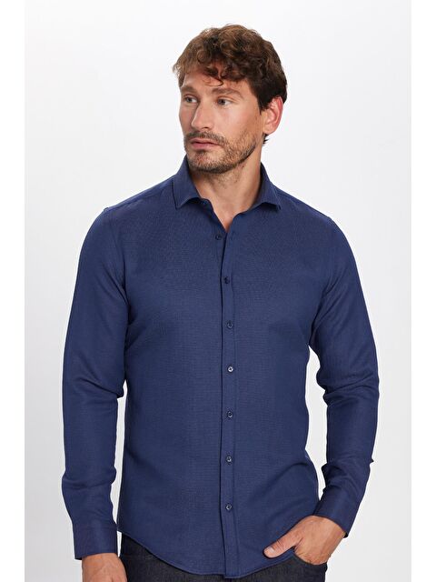 TUDORS Erkek Slim Fit Dar Kesim Uzun Kollu Pamuklu Kolay Ütü Armürlü Lacivert Gömlek - S000347897-21164