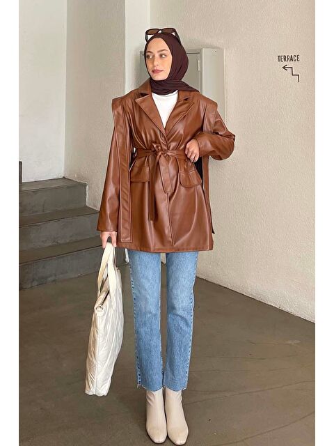 Lamelif Kruvaze Yaka Kuşaklı Deri Ceket Kahverengi - S000517961-19413