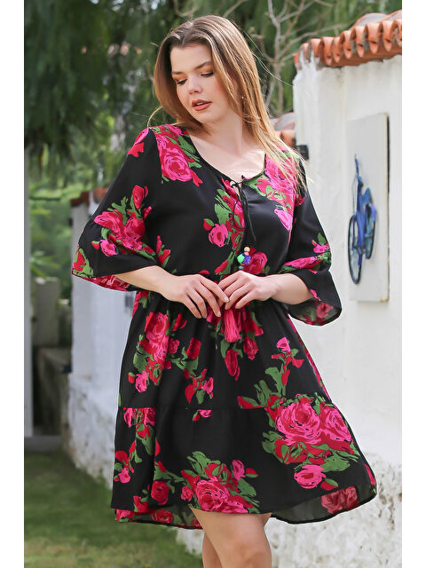 Chiccy Siyah-Pembe Havuz Yaka Fırfırlı Kol Bağlamalı Eteği Fırfırlı Püsküllü Viskon Dokuma Elbise 95 52 - S000367665-37442