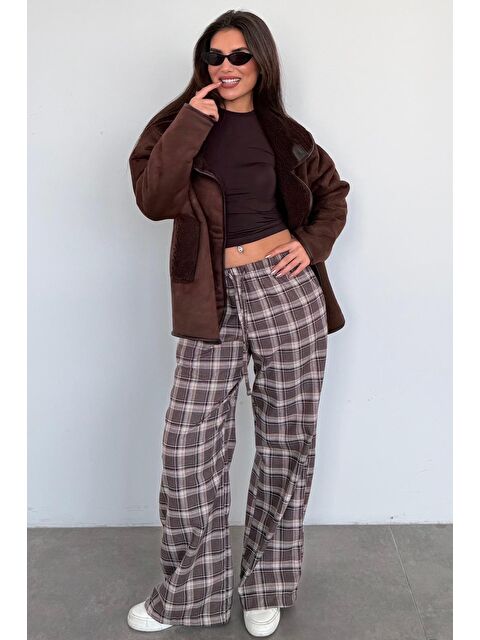 Madmext Acı Kahverengi Lastikli Bel Geniş Paça Ekose Pantolon Mg2658 - S000508345-28102