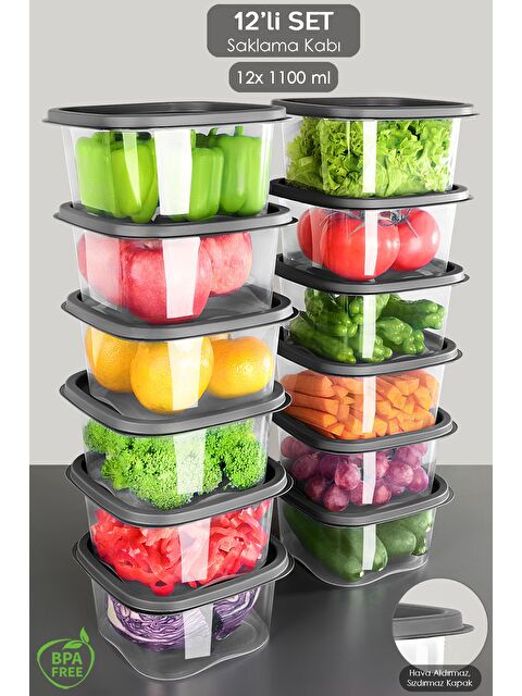 Meleni Home 12 Adet Kare Erzak Gıda Saklama Kabı 1100 ml Antrasit - S000382782-20600