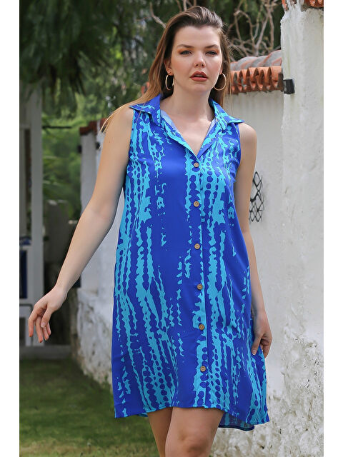 Chiccy Turkuaz Gömlek Yaka Kolsuz Düğmeli Cepli Allover Baskılı Casual Viskon Dokuma Elbise 100 58 - S000367713-20055