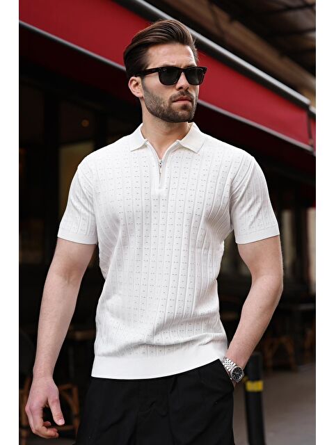 Madmext Beyaz Polo Yaka Slim Fit Triko Erkek Tişört E7465
