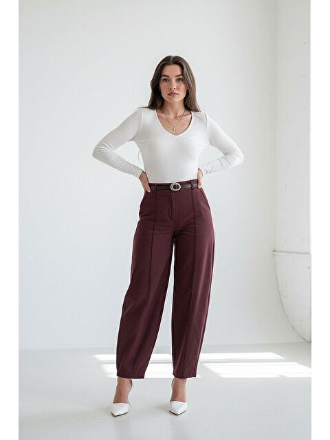 Madmext Mürdüm Modern Kesim Kemerli Yüksek Bel Bol Paça Kumaş Pantolon Mg2618 - S000508349-20036