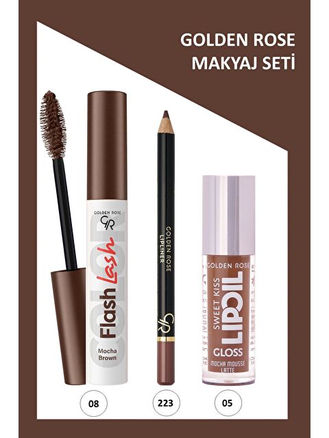 GOLDEN ROSE Flash Lash Renkli Maskara No:08 & Lipliner No:223 & Sweet Kiss Meyveli Dudak Parlatıcı No:05 Makyaj