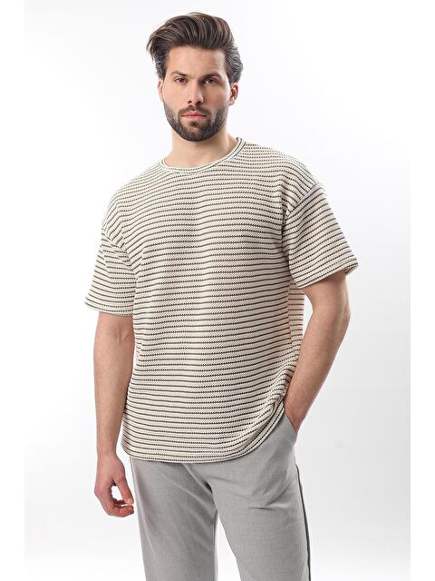 Madmext Haki Bisiklet Yaka Pamuklu Çizgili Erkek Tişört E7121 - S000347898-18547