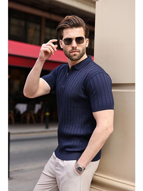 Madmext Lacivert Polo Yaka Slim Fit Triko Erkek Tişört E7465