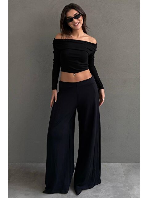 Madmext Siyah Yumuşak Dokunuşlu, Yanları Pilili, Modal İçeren Geniş Paça Pantolon Mg2668 - S000508348-19351
