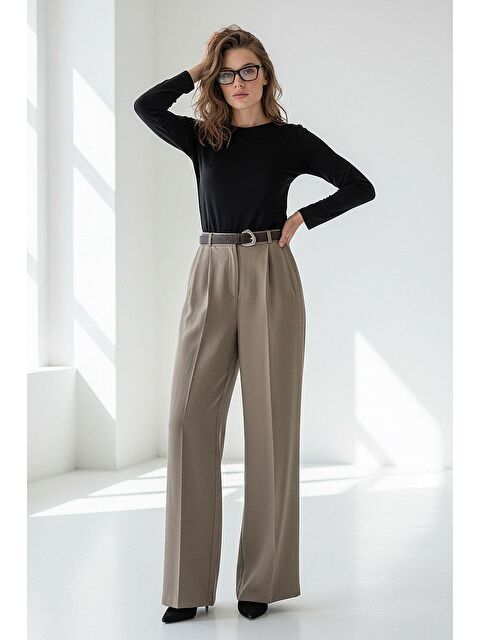 Madmext Haki Yüksek Bel Pileli Kemerli Geniş Paça Kadın Pantolon Mg2615 - S000508350-18547