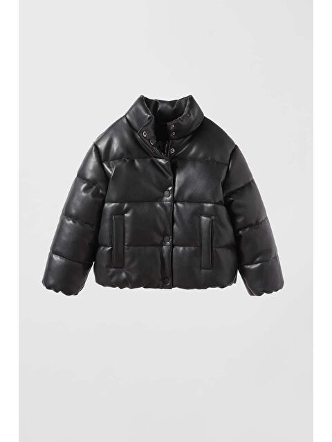 Magu Unisex Çocuk Deri Görünümlü Siyah Şişme Mont - Dolgulu Ve Cepli Tasarım - S000452580-19351