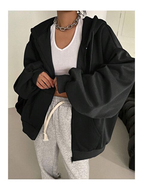 Trendseninle Kadın Siyah Kapüşon Detay Fermuarlı Hırka - S000273953-1720