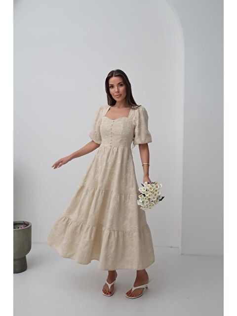 Jane's Bej Süs Düğmeli Balon Kollu Elbise - S000527605-19928