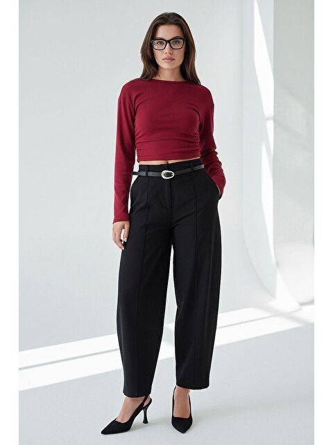 Madmext Siyah Modern Kesim Kemerli Yüksek Bel Bol Paça Kumaş Pantolon Mg2618 - S000508349-19351