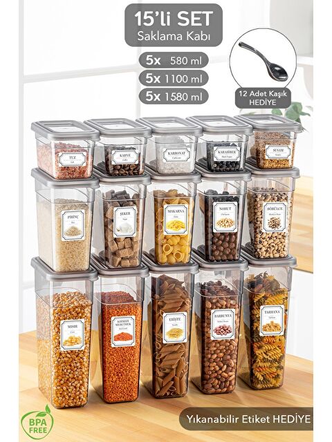 Meleni Home 15'li Sızdırmaz Kapak Kaşıklı Saklama Kabı Seti Etiketli Baharatlık 5x 580 ml 1100 ml 1580 ml - S000382796-20600