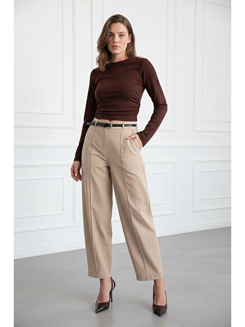 Madmext Bej Modern Kesim Kemerli Yüksek Bel Bol Paça Kumaş Pantolon Mg2618 - S000508349-19928