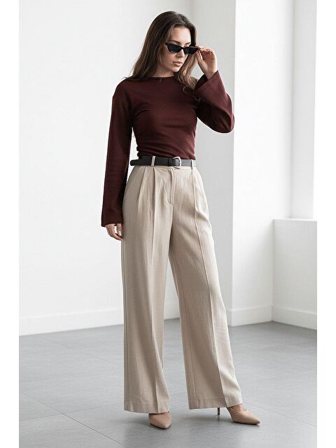 Madmext Vizon Yüksek Bel Pileli Kemerli Geniş Paça Kadın Pantolon Mg2615 - S000508350-26429