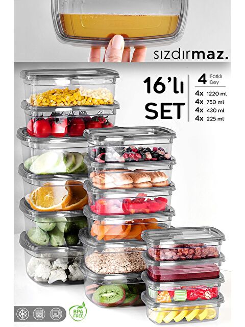 Meleni Home 16'lı Sızdırmaz Saklama Kabı Seti Düzenleyici Organizer Erzak Kabı 4x 225 430 750 1220 ml Antrasit - S000382799-29666