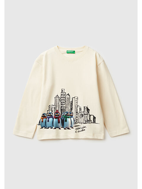 United Colors Of Benetton Erkek Çocuk Krem Dijital Baskılı Bisiklet Yaka Jarse Uzun Kollu T-shirt - S000482022-19966