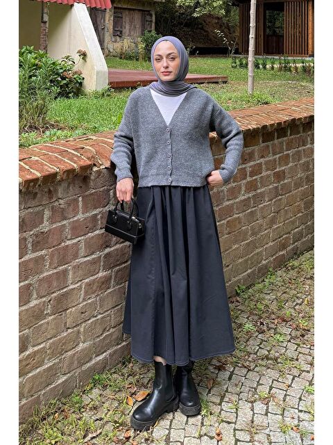 Lamelif Crop V Yaka Hırka Antrasit - S000517971-29666