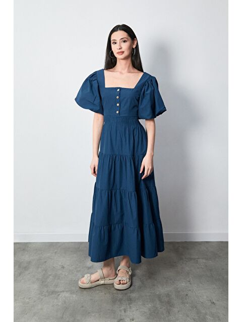 Fullamoda Beli Lastikli Sırtı Dekolteli Balon Kol Elbise - S000207017-23093