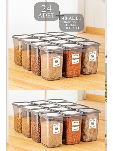 Meleni Home 24'lü Set Etiketli Büyük Boy Kare Erzak Saklama Kabı Seti Antrasit 24 x 1 10 lt - S000382803-20600