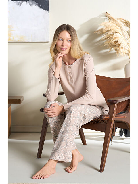 Remsa Büyük Beden Kadın Penye Uzun Kol Pijama Takımı 3123 Krem - S000471269-19966