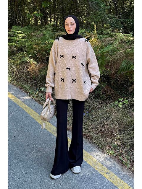 Lamelif Kurdeleli Triko Kazak Bej - S000517974-19928