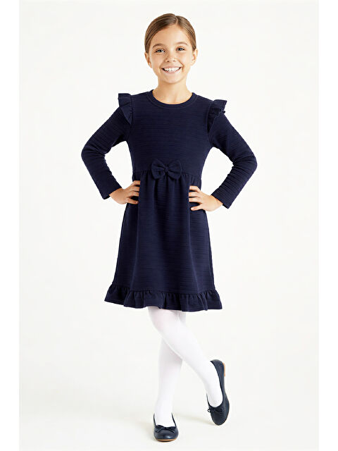 Modanino Kız Çocuk Elbise -Fırfır Omuzlu-Fiyonk Detaylı 2-10 Yaş 12531 - S000516652-29672