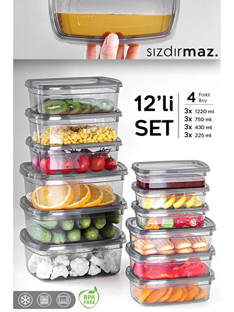 Meleni Home 12'li Sızdırmaz Saklama Kabı Seti Düzenleyici Organizer Erzak Kabı 3x 225 430 750 1220 ml Antrasit - S000382811-29666