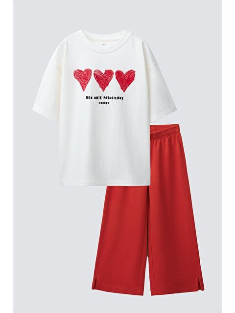Magu Kız Çocuk Pamuklu Ekru Kalp Baskılı T-Shirt Ve Kırmızı Takım - S000510493-37243
