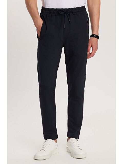 TUDORS Unisex Standart Fit Pamuklu 2 İplik Fermuar Cepli Lastikli Bağlamalı Düz Paça Lacivert Eşofman Altı - S000518910-21164