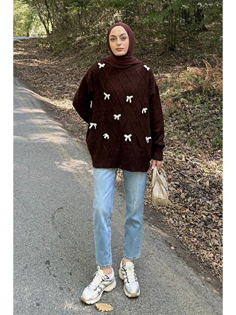 Lamelif Kurdeleli Triko Kazak Acı Kahverengi - S000517974-28102