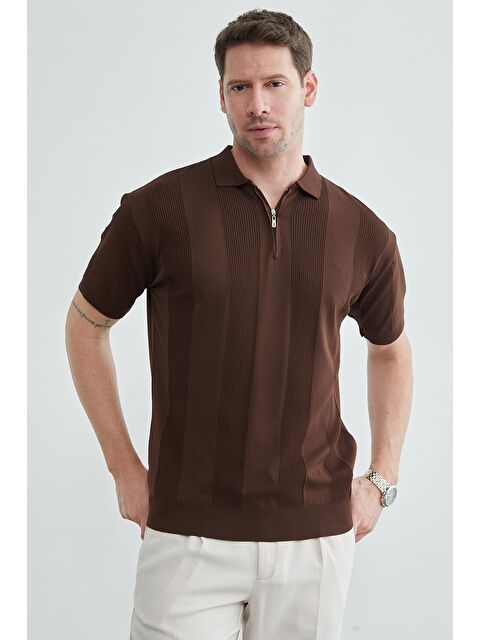 Fullamoda Şeritli Yarım Fermuarlı Polo Yaka Triko Tişört - S000514003-19413