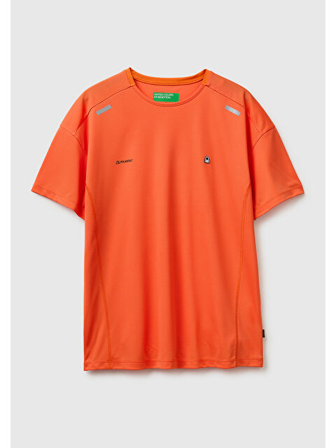 United Colors Of Benetton Erkek Turuncu  Reflektif Baskılı Logolu Bisiklet Yaka T-Shirt
