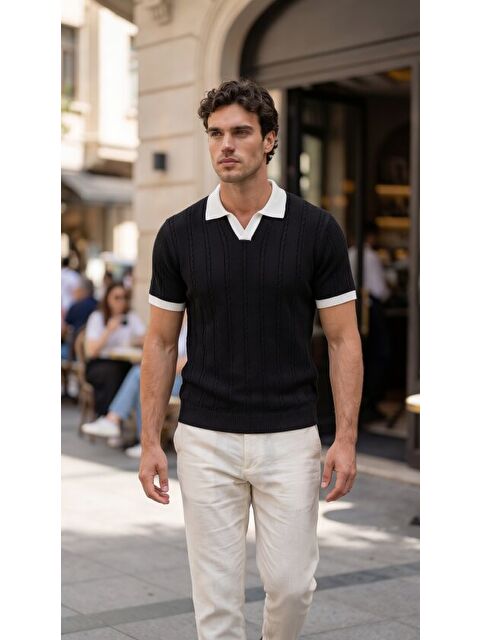 Jane's Erkek Örgü Desen Yakalı Kısa Kollu Triko Tişört %100 Pamuk