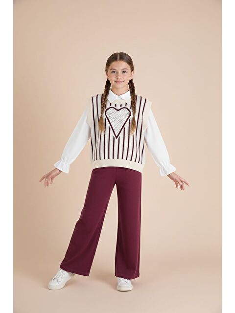 Cansın Mini Bordo Kalp Desen Süveterli Gömlekli Kız Çocuk Pantolonlu 3lü Takım 23735 - S000518897-19951