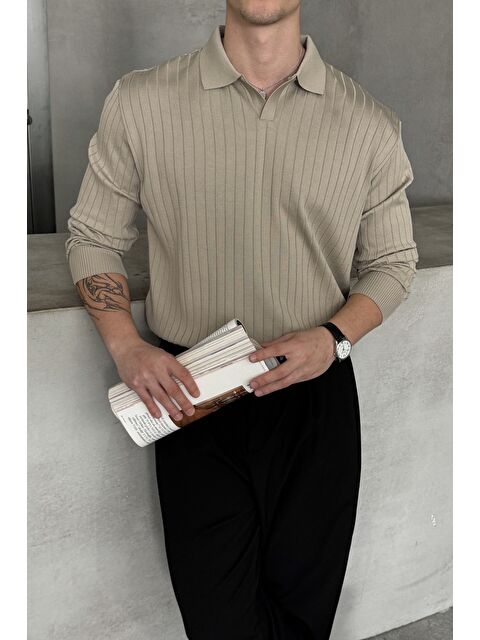 HYMAN Erkek Polo Yaka Fitilli Oversize Triko Kazak - S000515526-19928