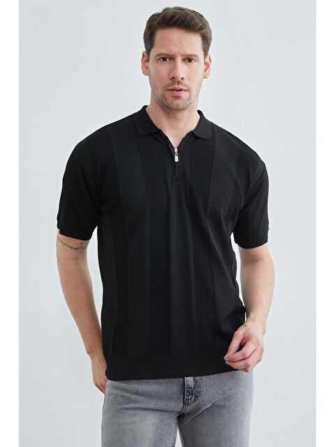 Fullamoda Şeritli Yarım Fermuarlı Polo Yaka Triko Tişört - S000514003-19351