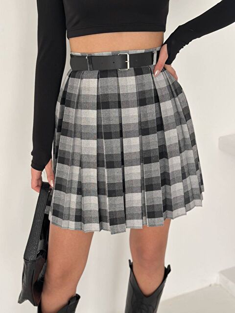 carla10 Kadın Ekose Desen Kemerli Yüksel Bel Şort Astarlı Mini Etek - S000492539-20600
