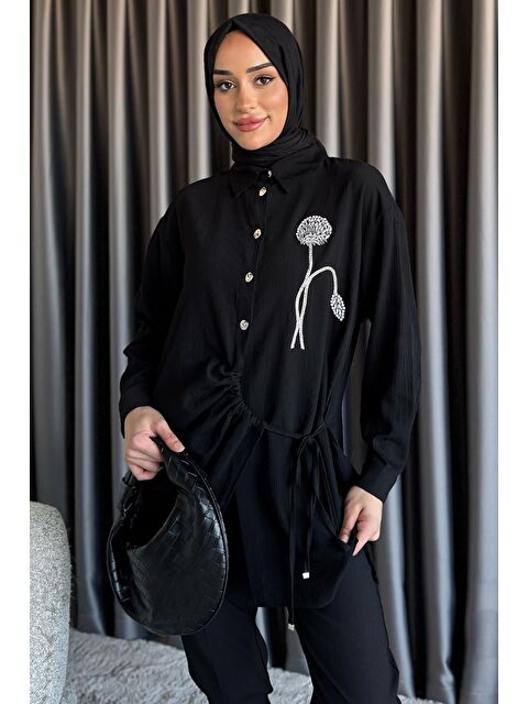 Julude Yan Bağlamalı Taş İşlemeli Tesettür Tunik - S000399800-19351