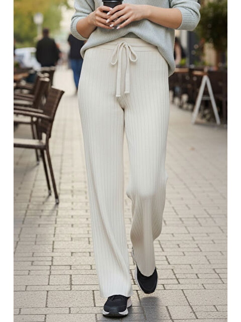 Tarz Cool Ekru Fitilli Modal Bol Paça Yüksek Bel Yumuşak Dokulu Beli Lastikli Elastanlı Pantolon - S000494442-19965