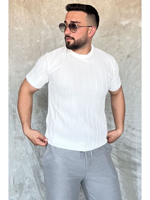 Mishar İtalia Erkek Bisiklet Yaka Kendinden Çizgi Desenli Triko Tişört - S000399788-20063