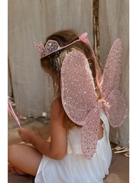 Le Mabelle Pembe Pullu Boncuklu 3'lü Kelebek Kanat Asa Taç Set - S000424974-20024