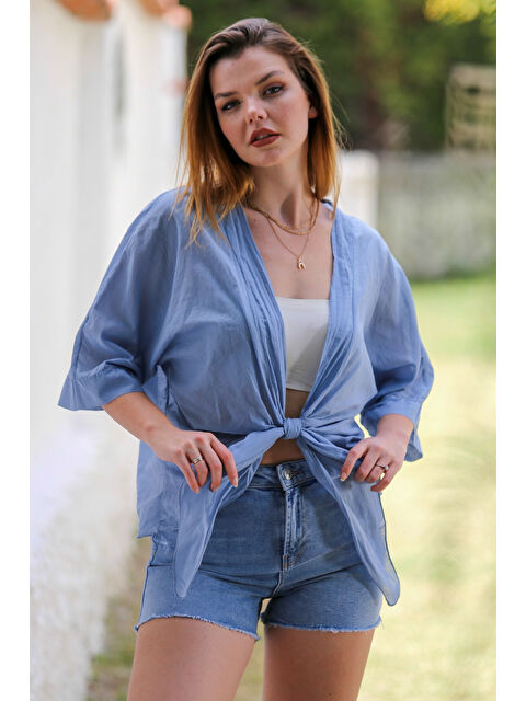 Chiccy İtalyan Toz Mavi 3/4 Kol Bağlamalı Dokuma Casual Viskon Ceket - S000468798-17234