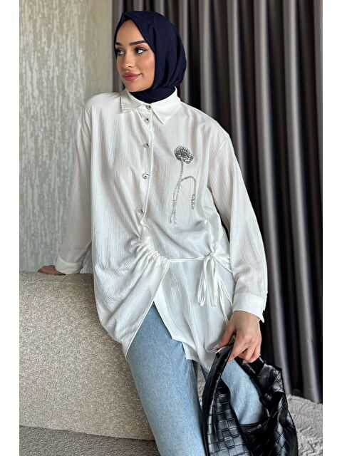 Julude Yan Bağlamalı Taş İşlemeli Tesettür Tunik - S000399800-19966
