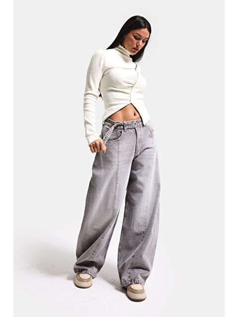 It's Basic Kadın Gri 4s6-158 Low Rise Baggy Fit Kemer Detaylı Bol Kesim Denim Jean - S000522612-20600
