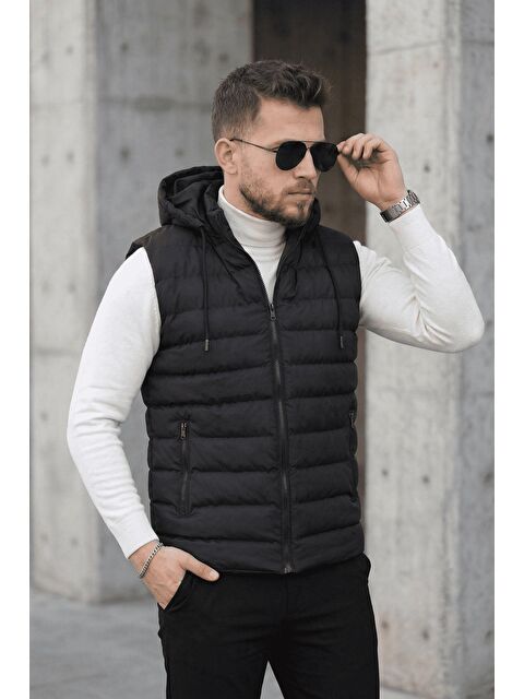 Oksit Yelly Slim Fit Fermuarlı Cep Detaylı Erkek Şişme Yelek - Çıkarılabilir Kapüşonlu & Astarlı