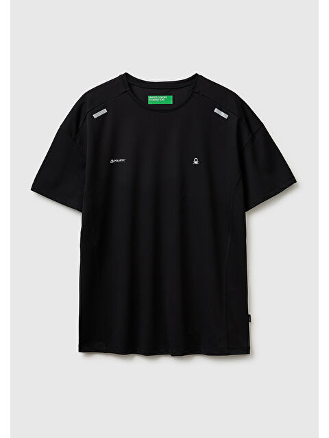 United Colors Of Benetton Erkek Siyah  Reflektif Baskılı Logolu Bisiklet Yaka T-Shirt