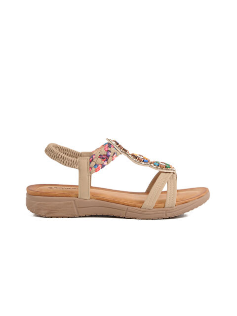 Voyager Bej Hakiki Deri Taş İşlemeli Hafif Kadın Sandalet B096 Z - S000382825-19927